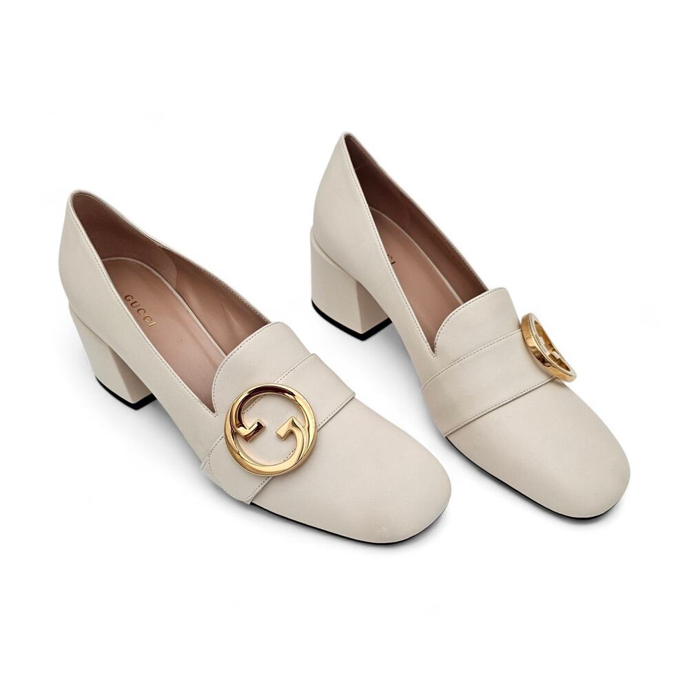 Gucci GG Blondie Mid Block Heel Pump Loafer White Leather Gold Size 41.5 US 11.5